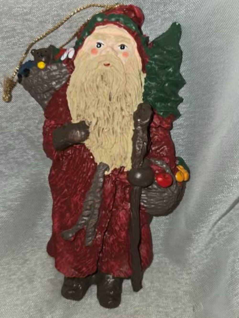 VTG Christmas Ornament Santa Claus W/Bag Of Toys Tree Fruit Basket Resin 5"H